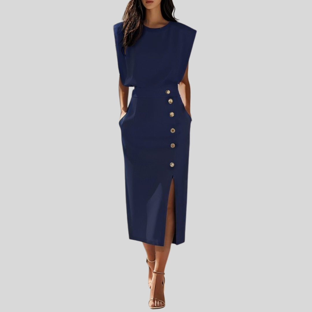Abigail | Dames Mouwloze Midi Jurk Met Knoopdetail