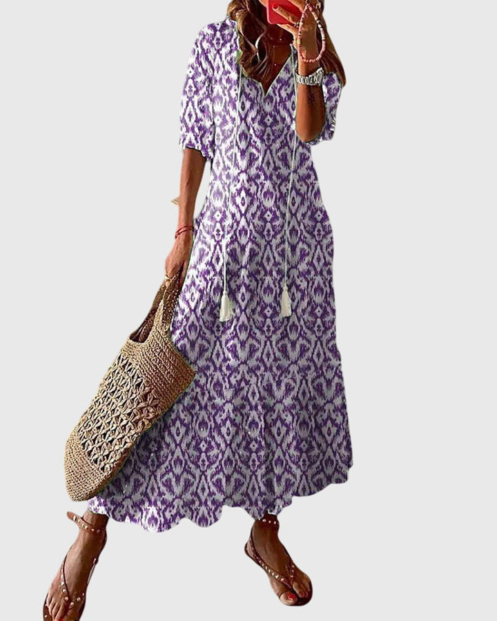 Samantha | Dames maxi-jurk met print V-hals en kwastjes