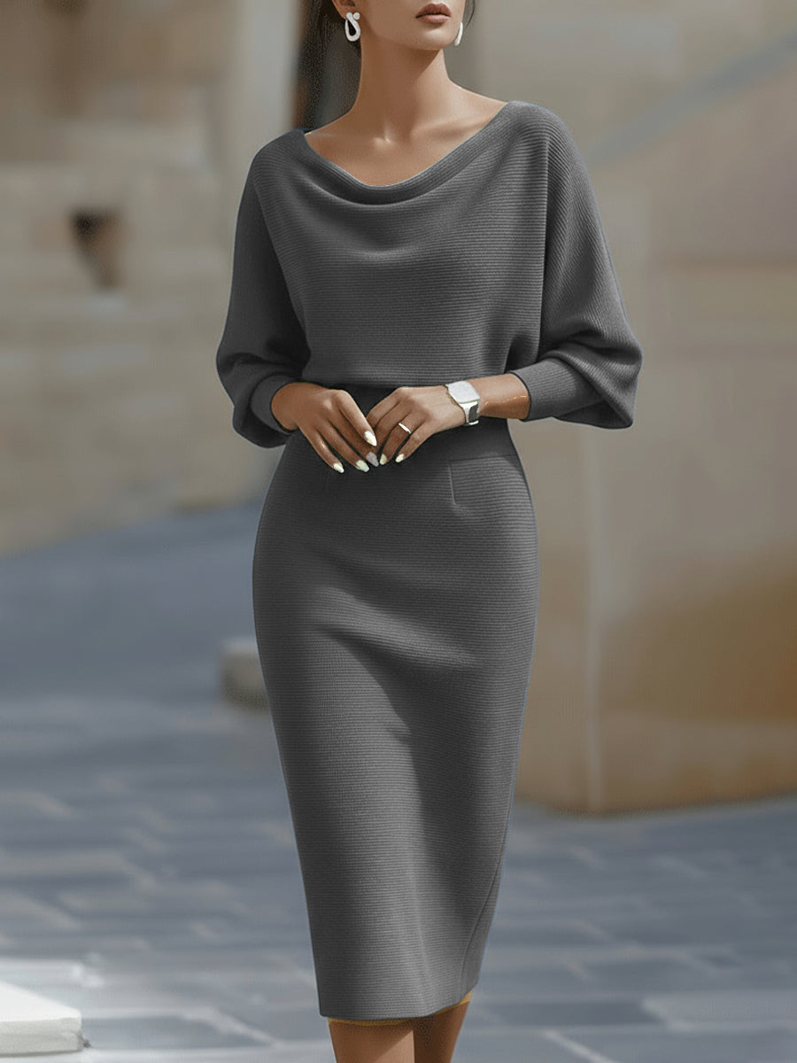 Vivian | Dames Bodycon Midi Jurk Met Boothals En Vleermuismouwen