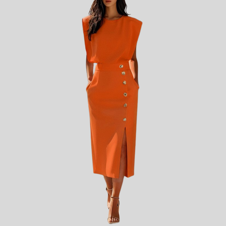 Abigail | Dames Mouwloze Midi Jurk Met Knoopdetail