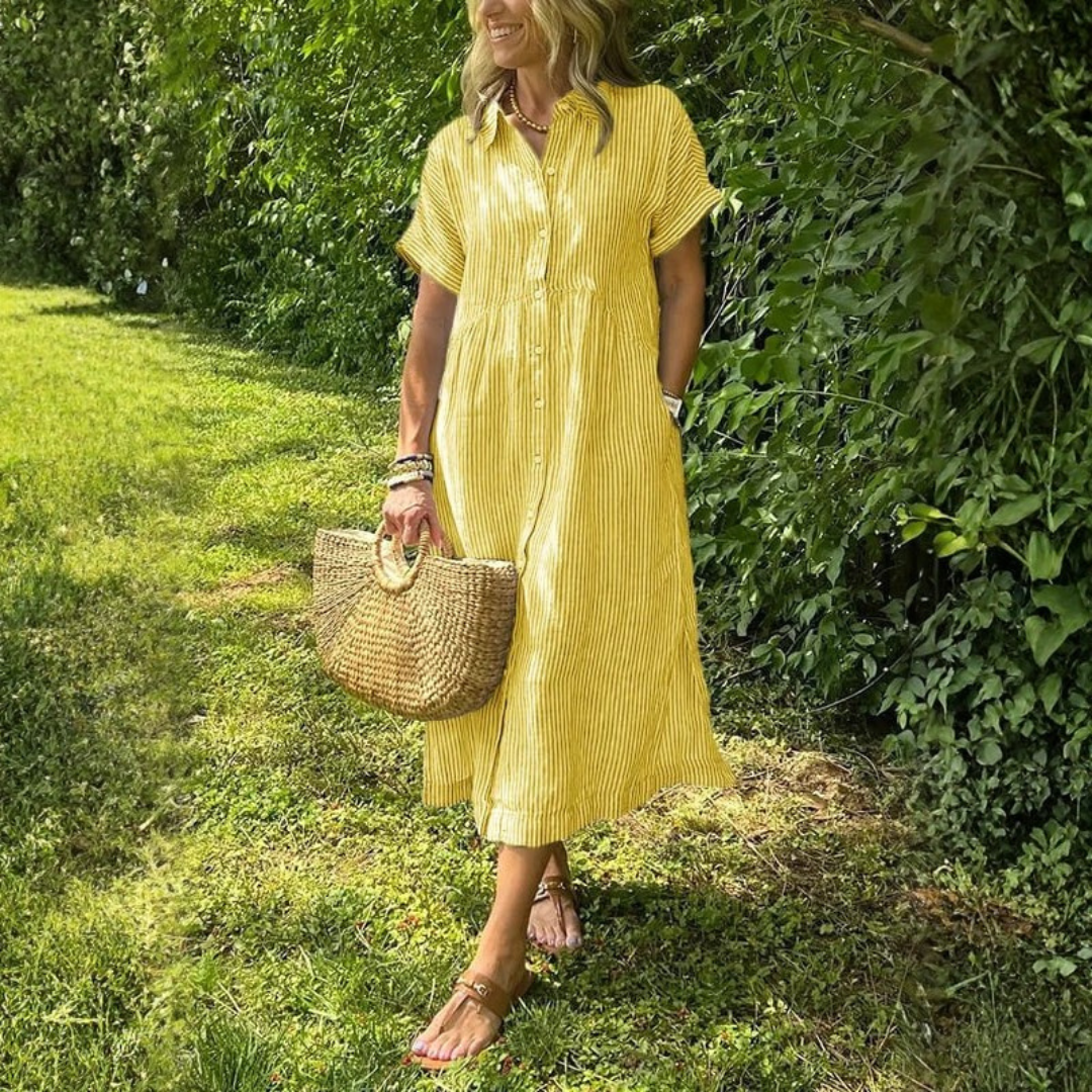 Eileen | Dames Gestreepte Midi Jurk Met Knoopsluiting Aan De Voorkant