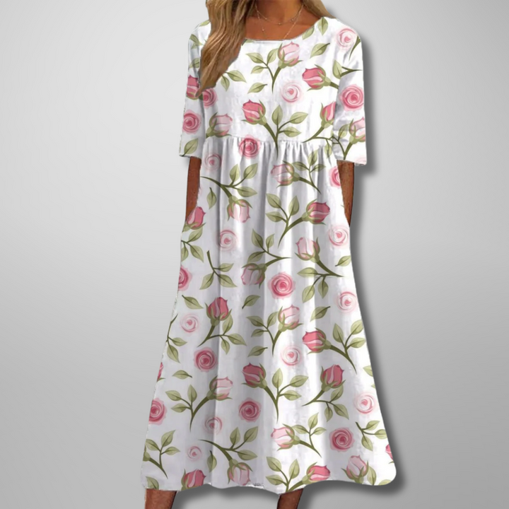 Darlene | Dames Midi-Jurk Met Bloemenprint En Ronde Hals