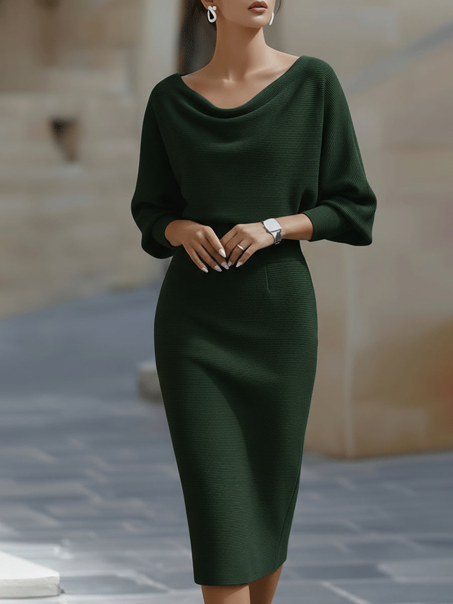 Vivian | Dames Bodycon Midi Jurk Met Boothals En Vleermuismouwen