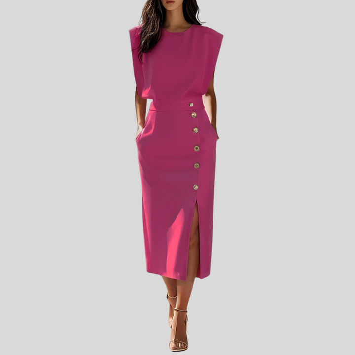 Abigail | Dames Mouwloze Midi Jurk Met Knoopdetail