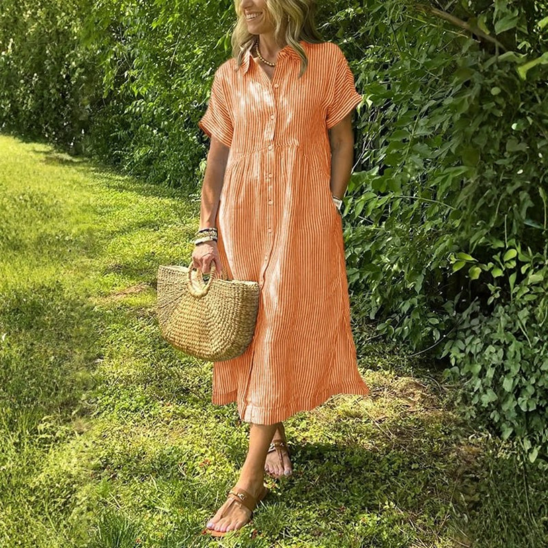 Eileen | Dames Gestreepte Midi Jurk Met Knoopsluiting Aan De Voorkant