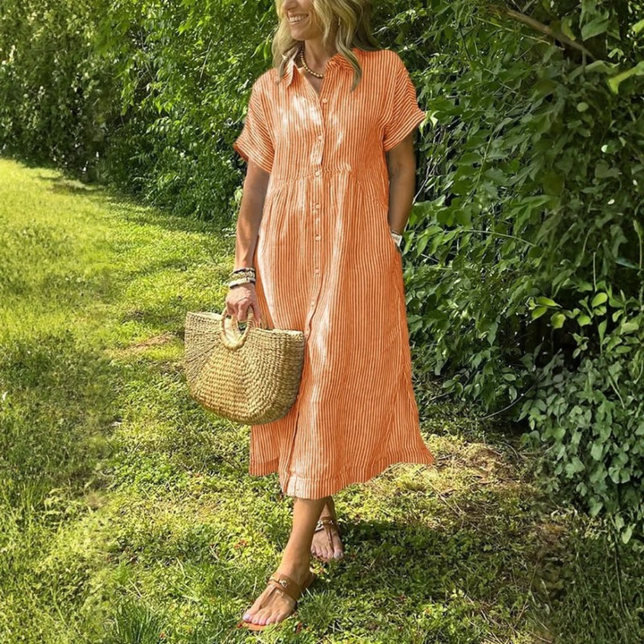 Eileen | Dames Gestreepte Midi Jurk Met Knoopsluiting Aan De Voorkant