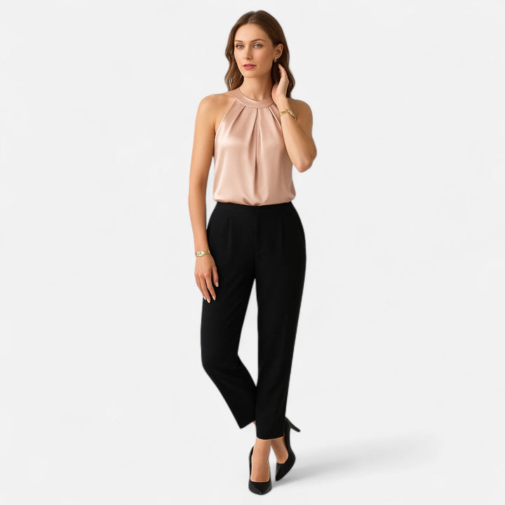Angelica | Dames Satijnen Halter Nek Geplooide Blouse