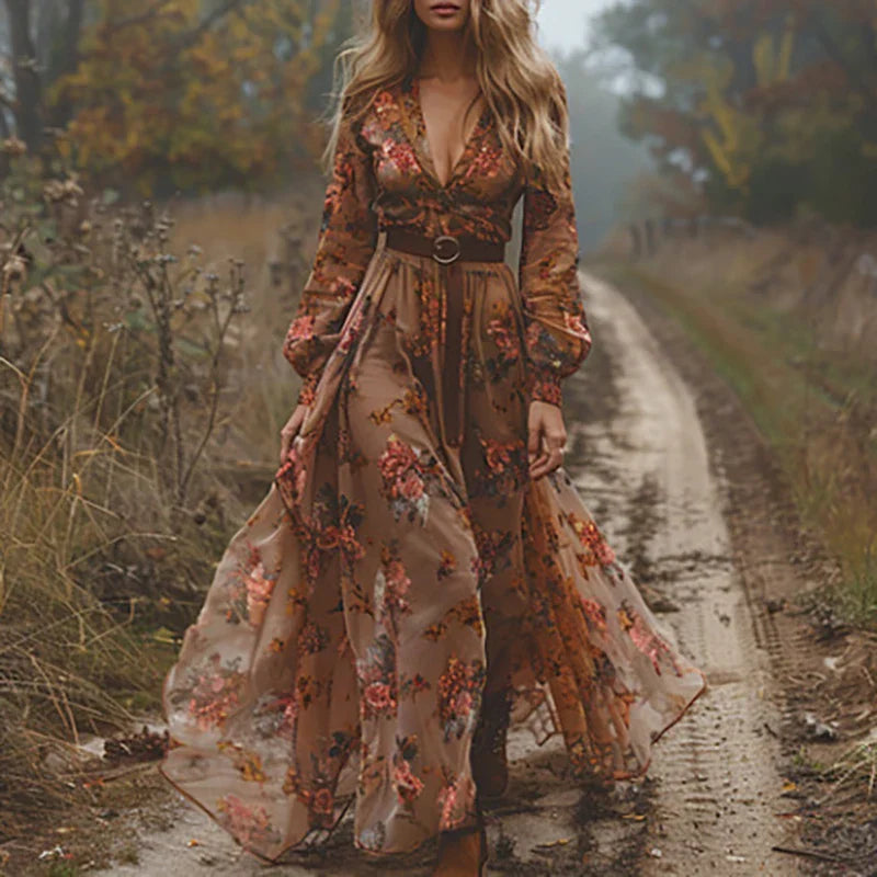 Beatrix | Dames Maxi Jurk Met Bloemenprint En Lange Mouwen