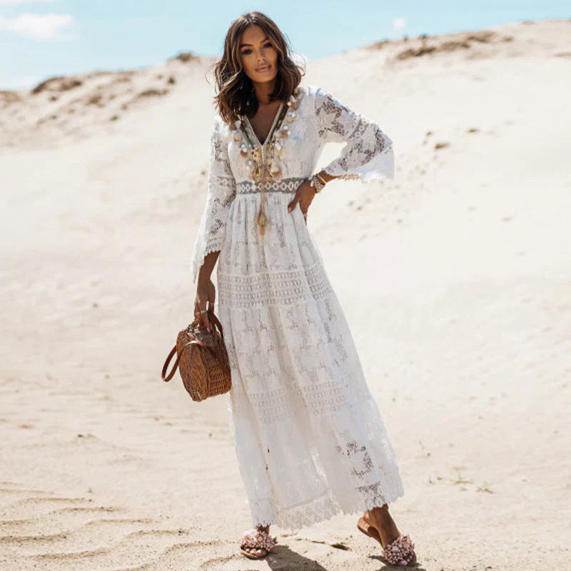 Nora | Dames Zomer Bohemian Maxi Jurk Met Lange Mouwen