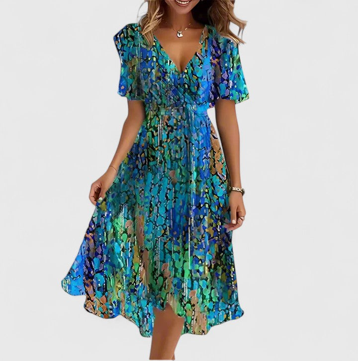 Greta | Dames Midi Jurk met Bloemenprint en V-hals