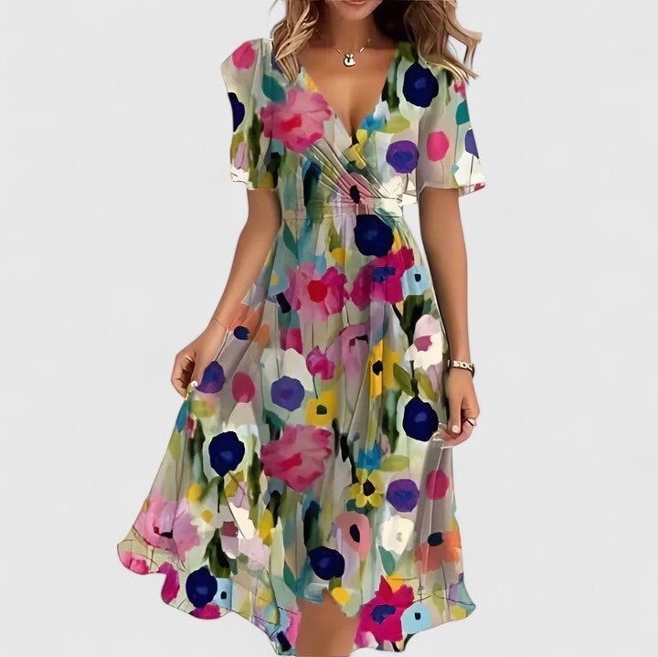 Greta | Dames Midi Jurk met Bloemenprint en V-hals