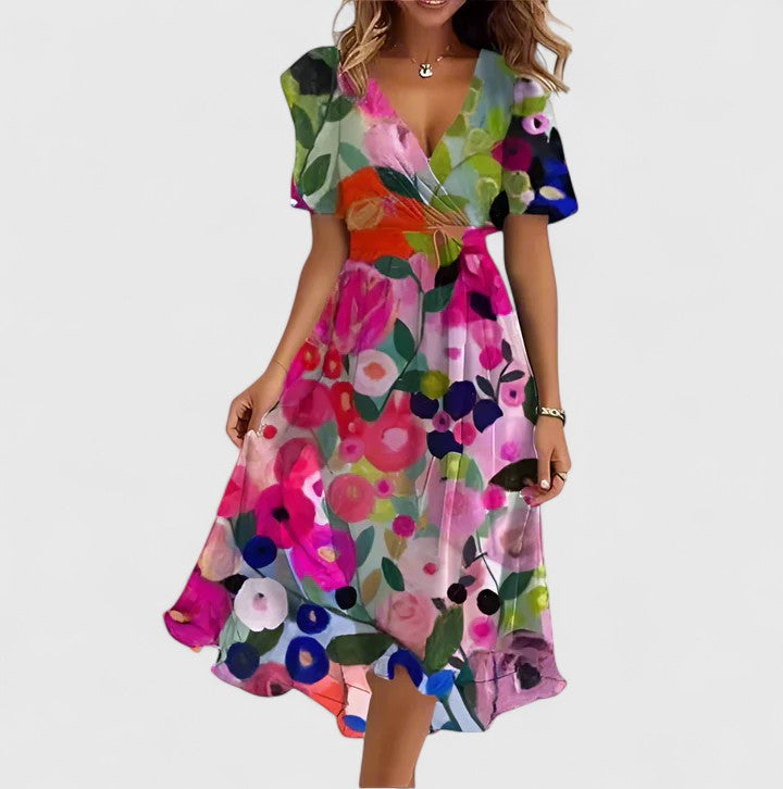 Greta | Dames Midi Jurk met Bloemenprint en V-hals