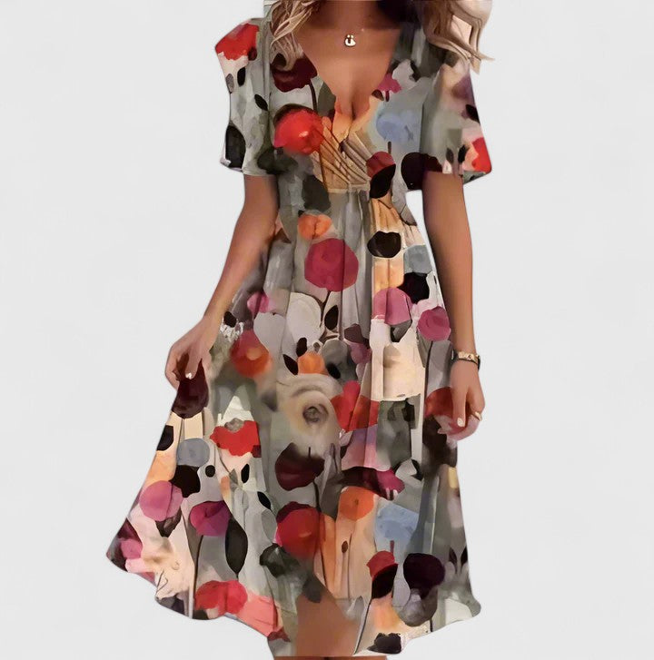 Greta | Dames Midi Jurk met Bloemenprint en V-hals