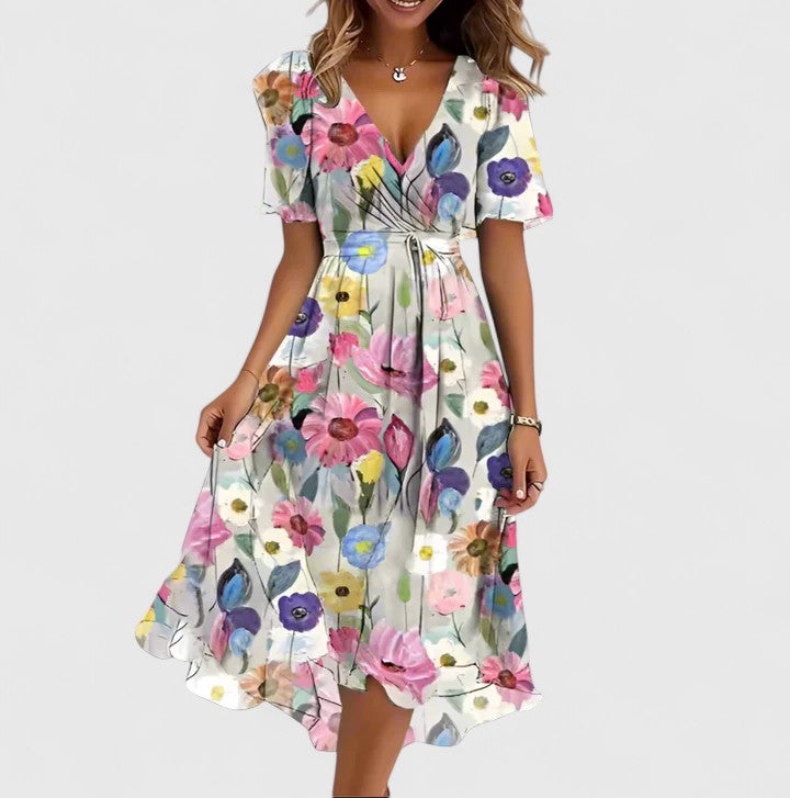 Greta | Dames Midi Jurk met Bloemenprint en V-hals
