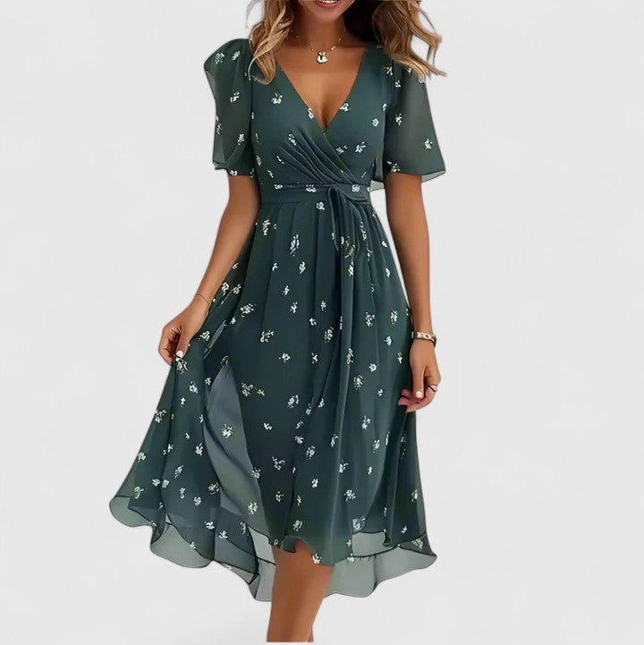 Greta | Dames Midi Jurk met Bloemenprint en V-hals