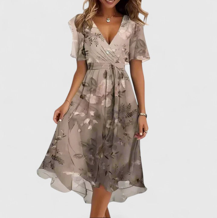 Greta | Dames Midi Jurk met Bloemenprint en V-hals