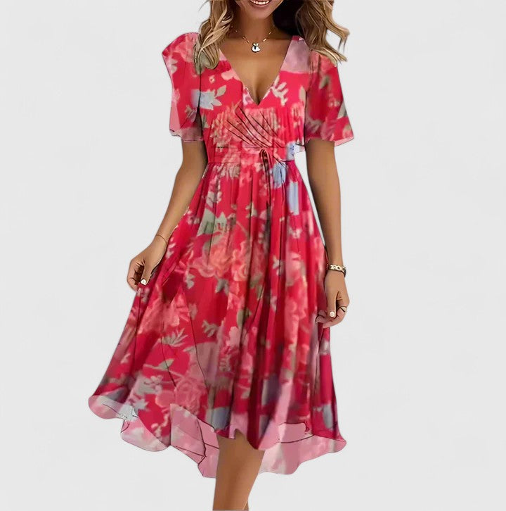 Greta | Dames Midi Jurk met Bloemenprint en V-hals