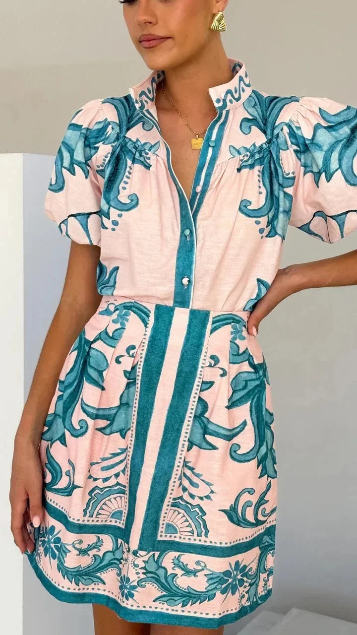 Bella | Dames Bedrukte Mini Jurk Met Pofmouwen