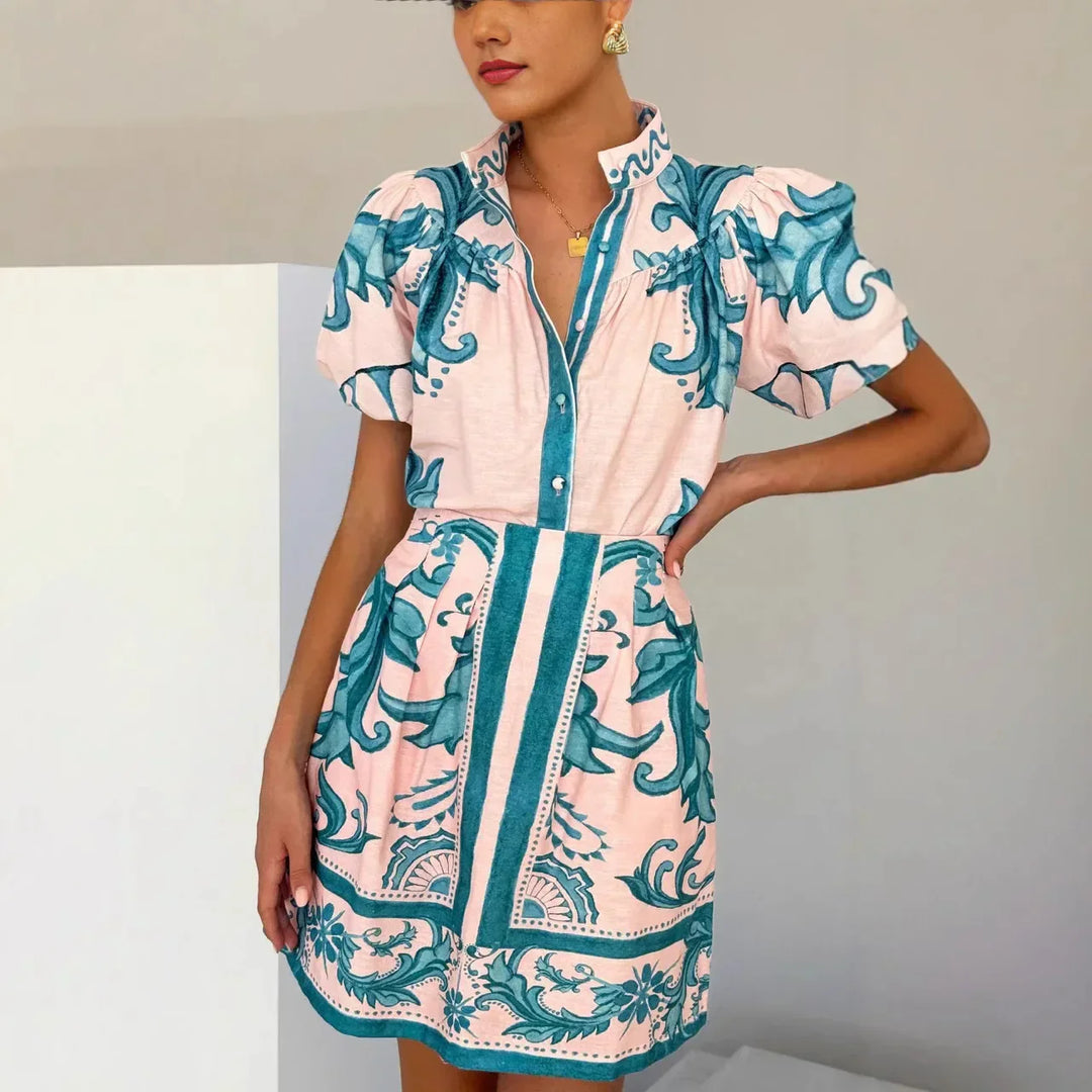 Bella | Dames Bedrukte Mini Jurk Met Pofmouwen