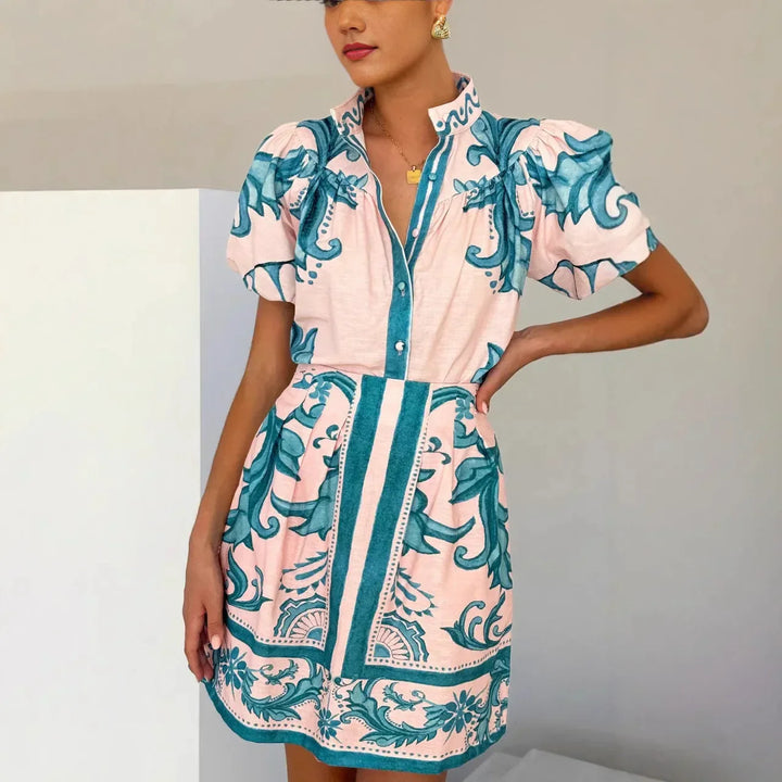 Bella | Dames Bedrukte Mini Jurk Met Pofmouwen