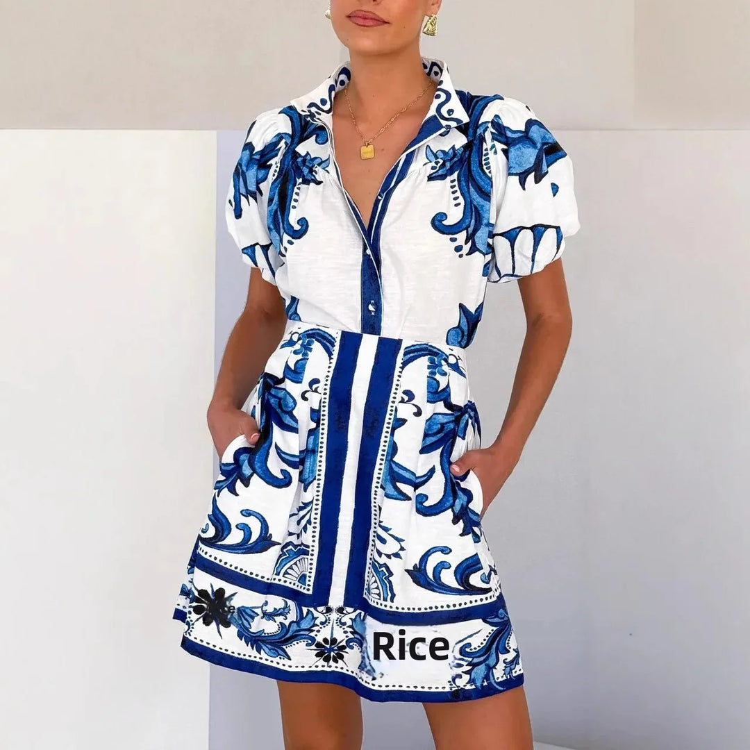 Bella | Dames Bedrukte Mini Jurk Met Pofmouwen