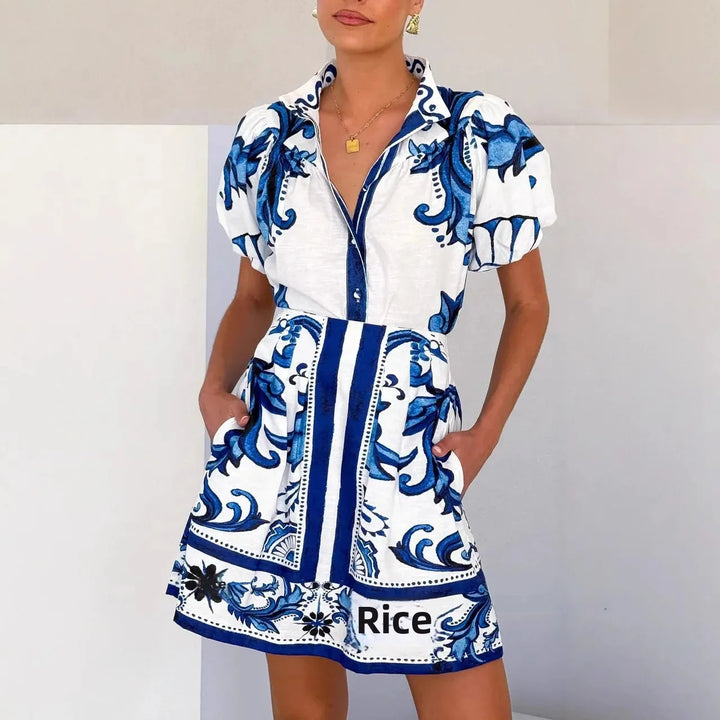 Bella | Dames Bedrukte Mini Jurk Met Pofmouwen