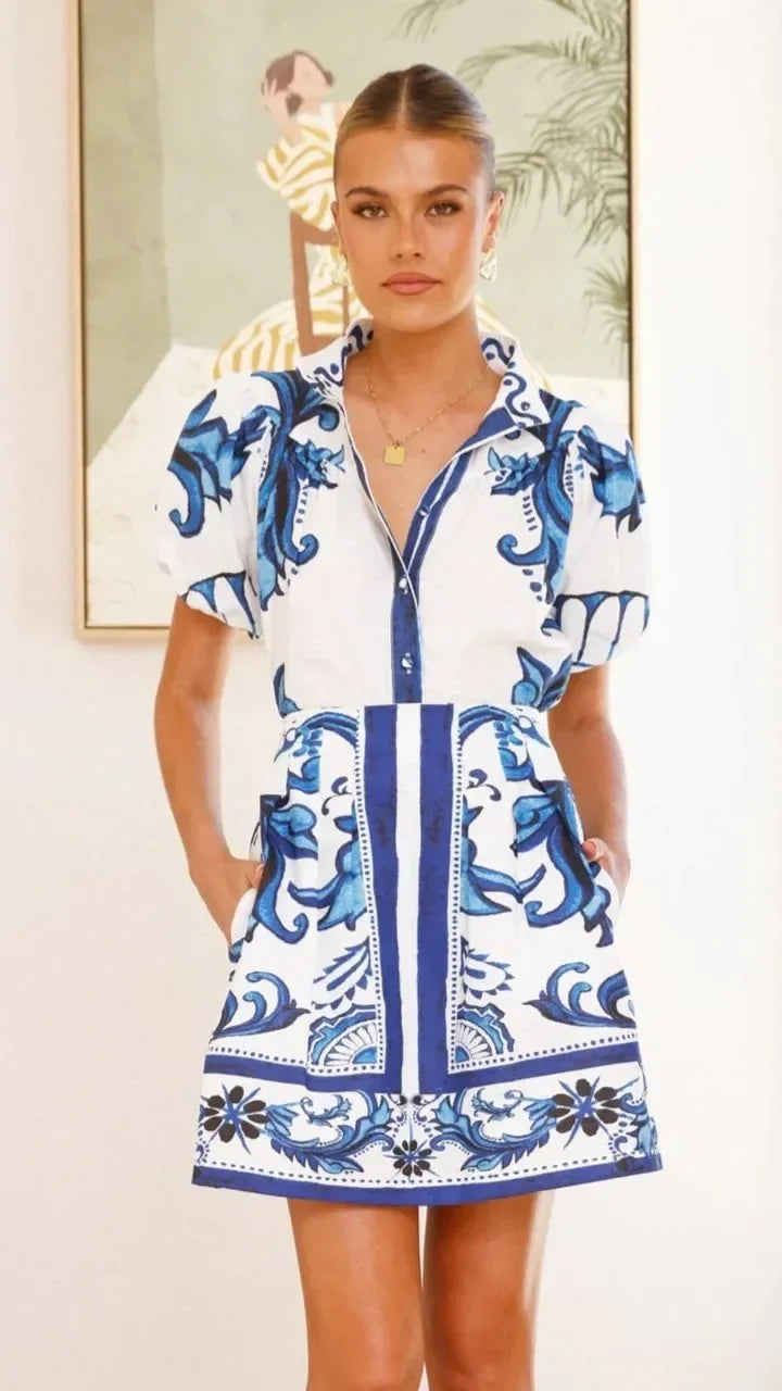 Bella | Dames Bedrukte Mini Jurk Met Pofmouwen