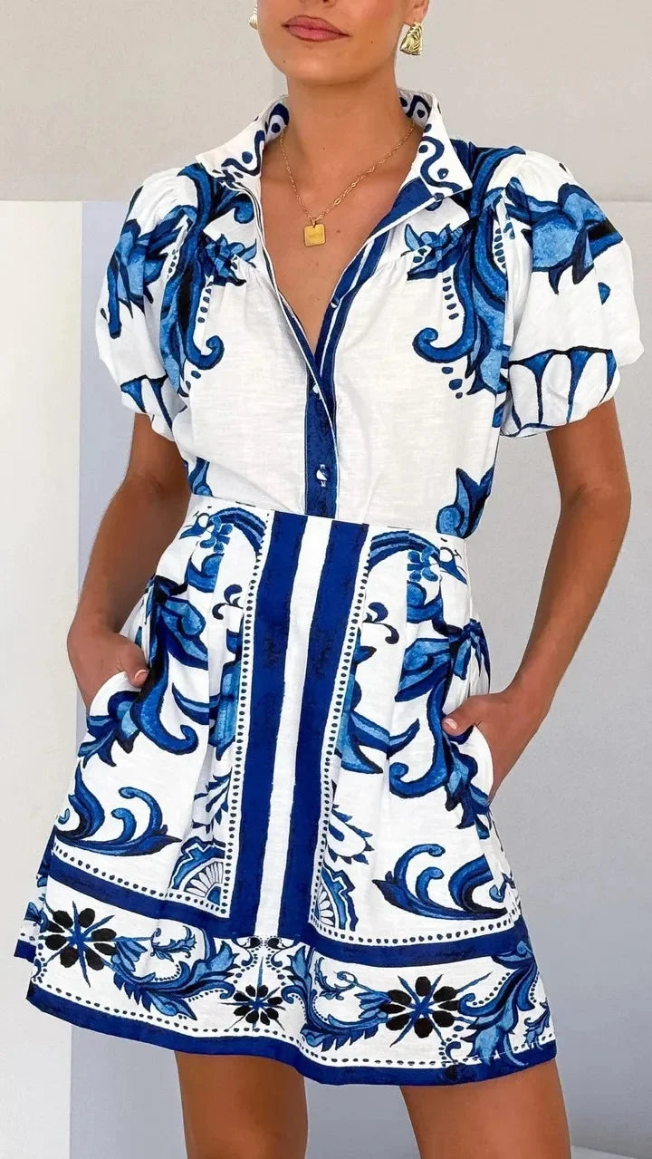 Bella | Dames Bedrukte Mini Jurk Met Pofmouwen