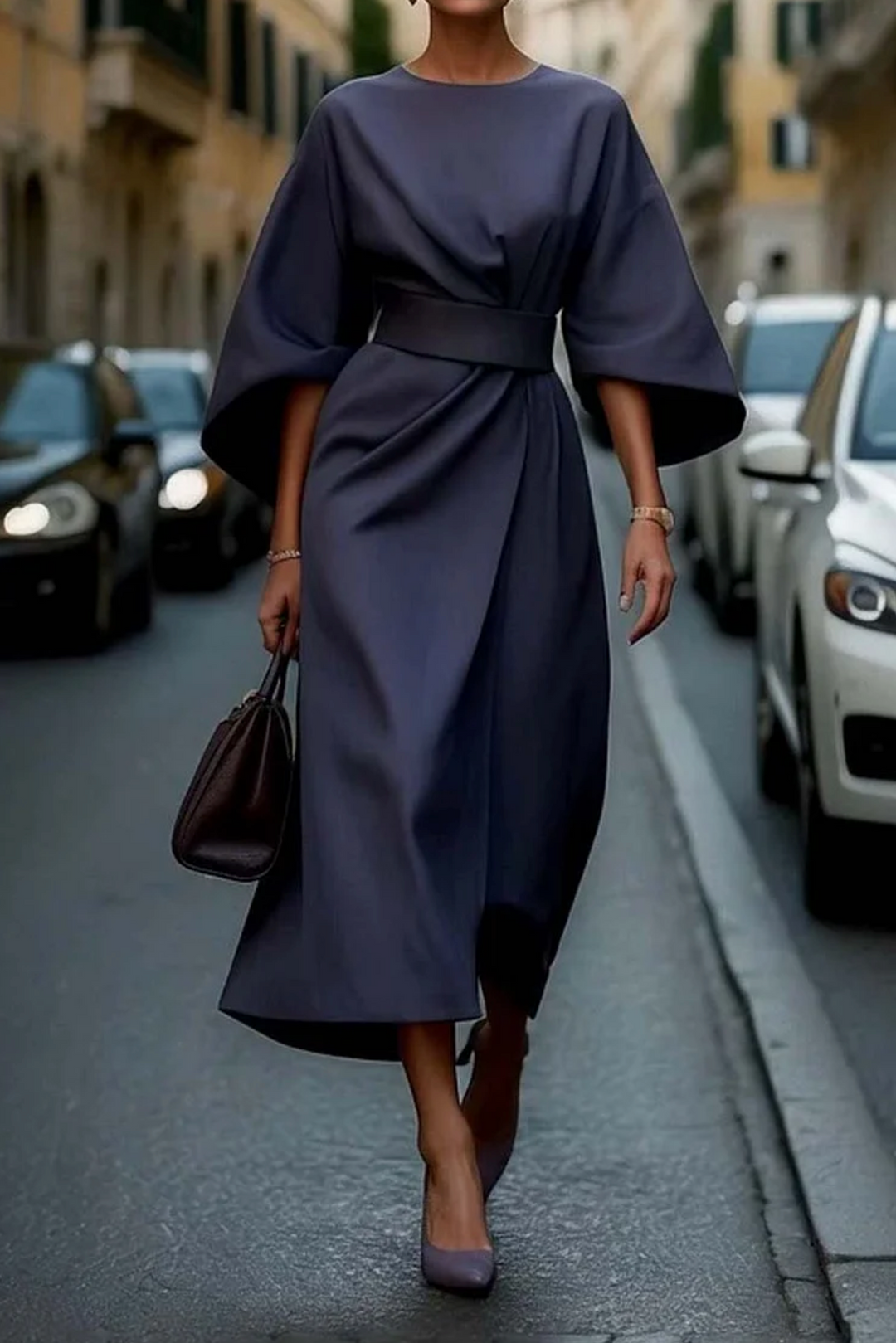 Elizabeth | Dame Ceintuur Luchtige Mouw Midi Jurk
