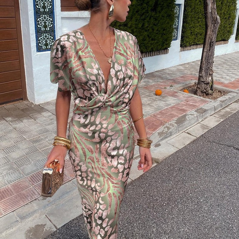 Bethany | Dames Midi-jurk met Diepe Halslijn en Wikkelmodel