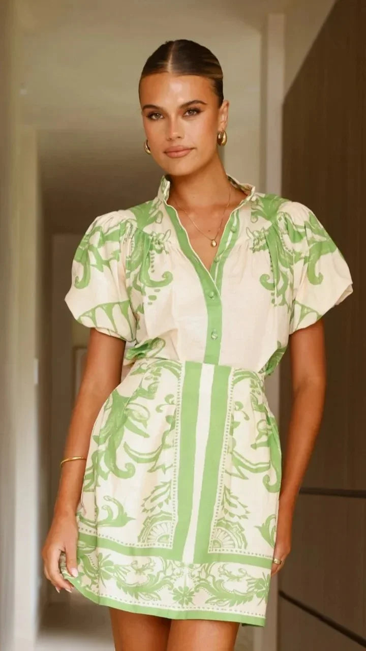 Bella | Dames Bedrukte Mini Jurk Met Pofmouwen