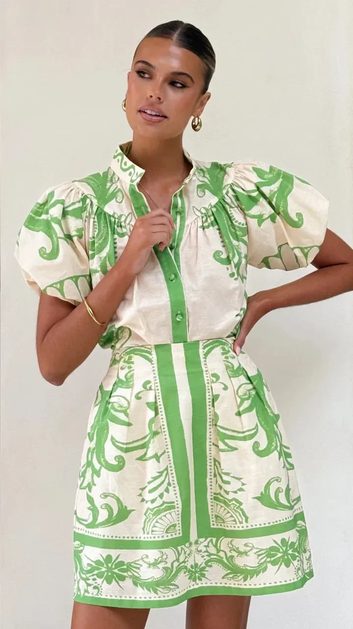 Bella | Dames Bedrukte Mini Jurk Met Pofmouwen