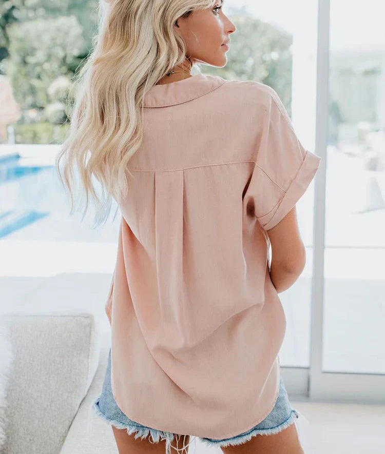 Jacqueline | Dames Blouse Met Korte Mouwen, Kraag, Knopen En Zakken