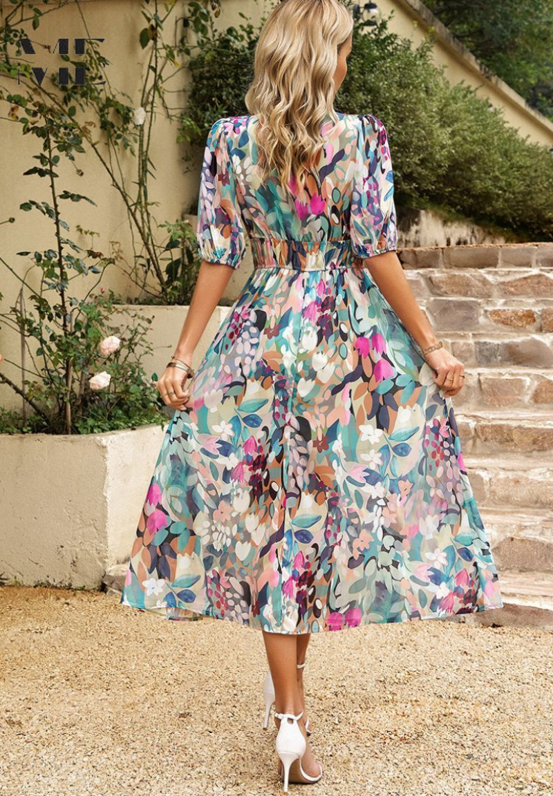 Dahlia | Dames Kleurrijke Bloemen Midi Jurk Met V-hals