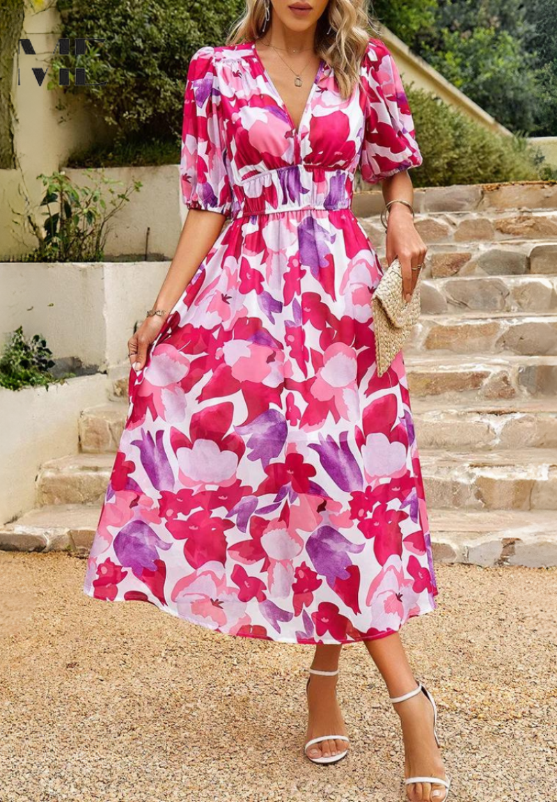 Dahlia | Dames Kleurrijke Bloemen Midi Jurk Met V-hals
