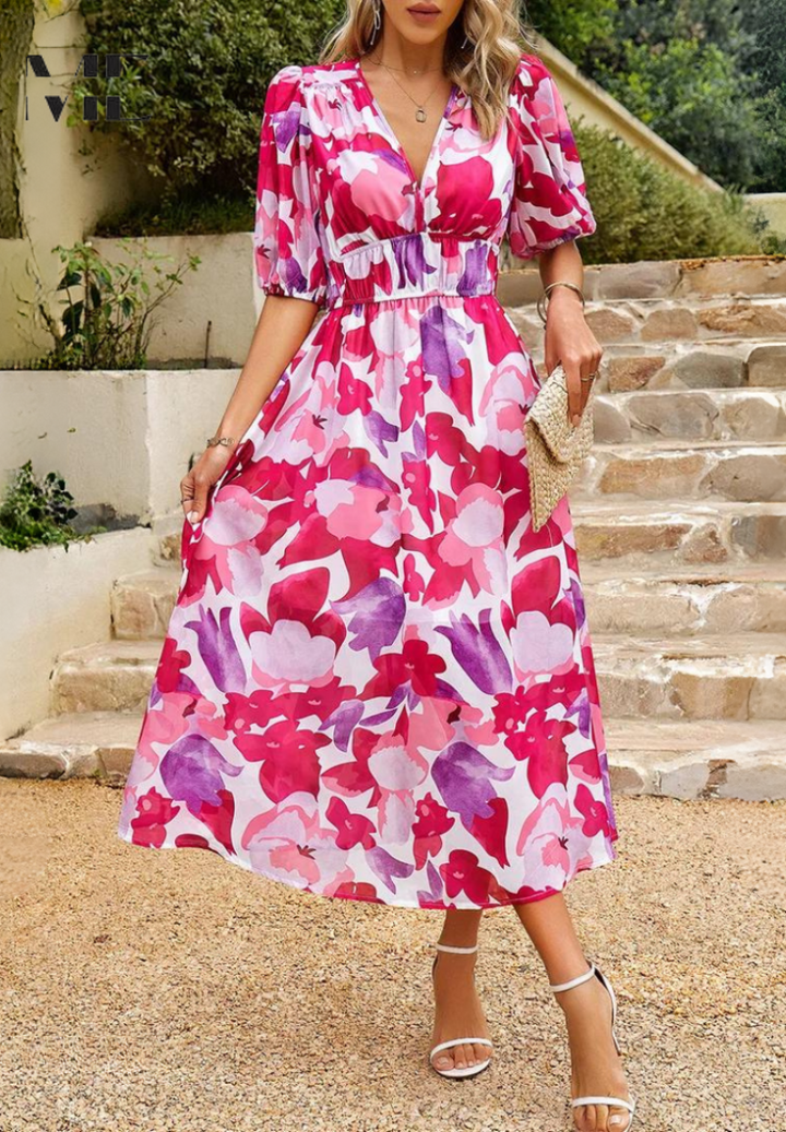 Dahlia | Dames Kleurrijke Bloemen Midi Jurk Met V-hals