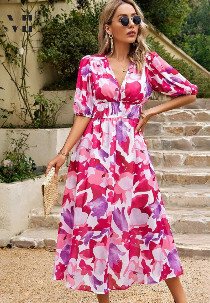 Dahlia | Dames Kleurrijke Bloemen Midi Jurk Met V-hals