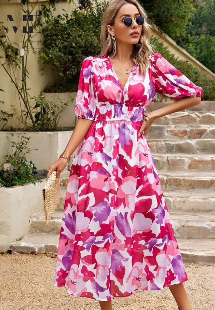 Dahlia | Dames Kleurrijke Bloemen Midi Jurk Met V-hals