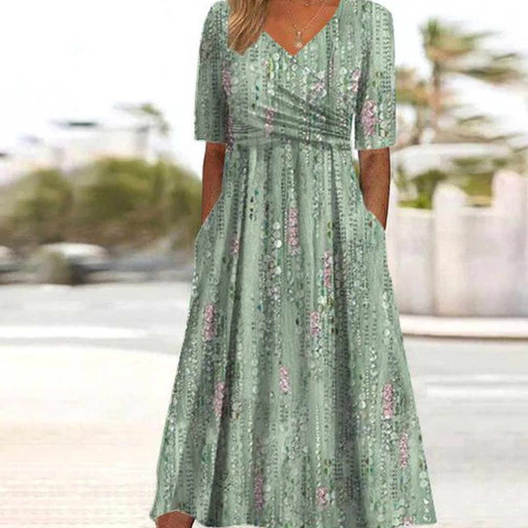 Kendra | Dames Midi Jurk Met Bloemenprint, V-hals En Zakken