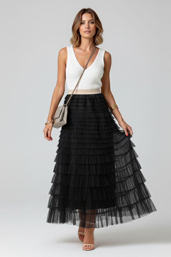 Cherish | Dames Gelaagde Tule Midi Rok met Elastische Taille