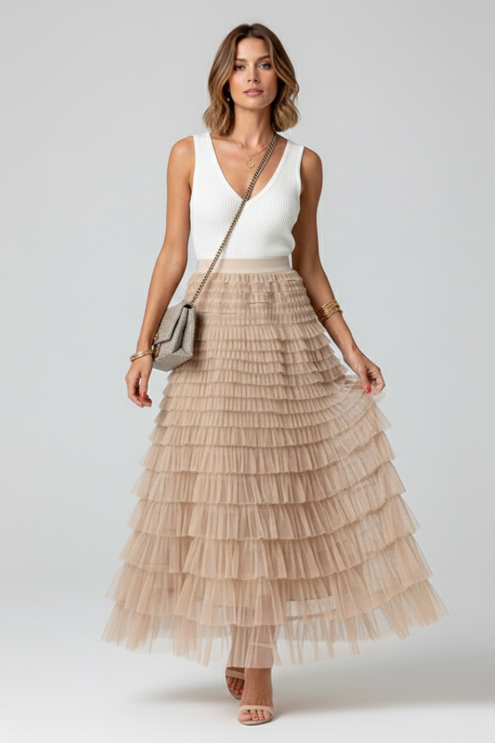 Cherish | Dames Gelaagde Tule Midi Rok met Elastische Taille