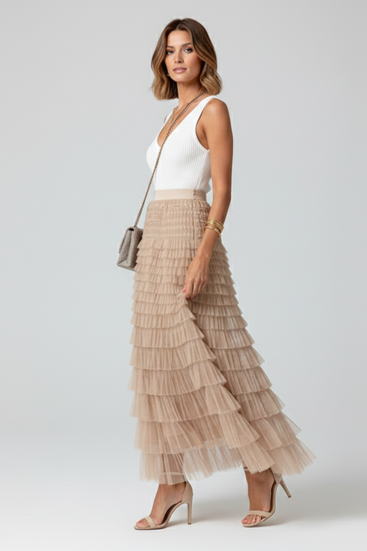 Cherish | Dames Gelaagde Tule Midi Rok met Elastische Taille