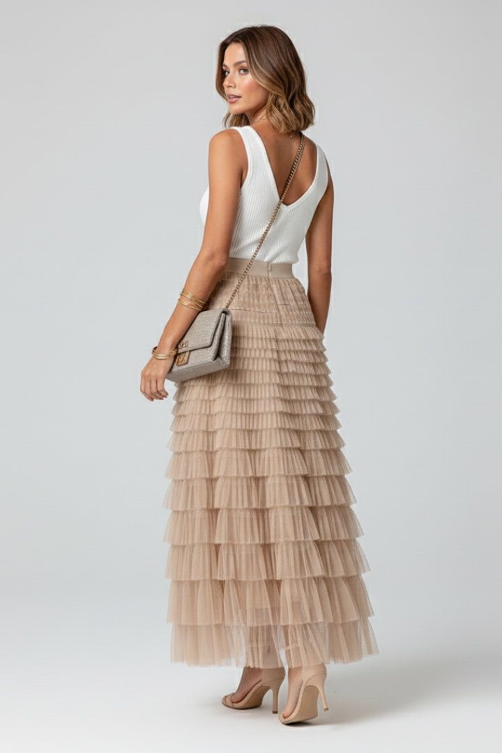 Cherish | Dames Gelaagde Tule Midi Rok met Elastische Taille