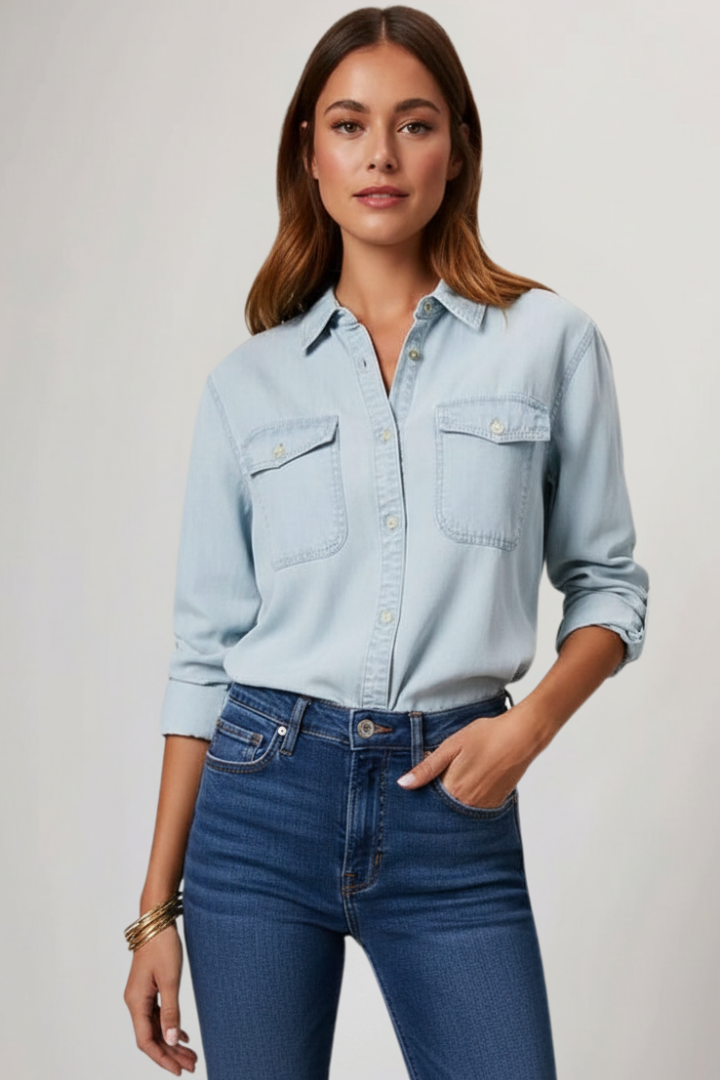Maya | Dames Klassiek Denim Overhemd met Knopen en Lange Mouwen