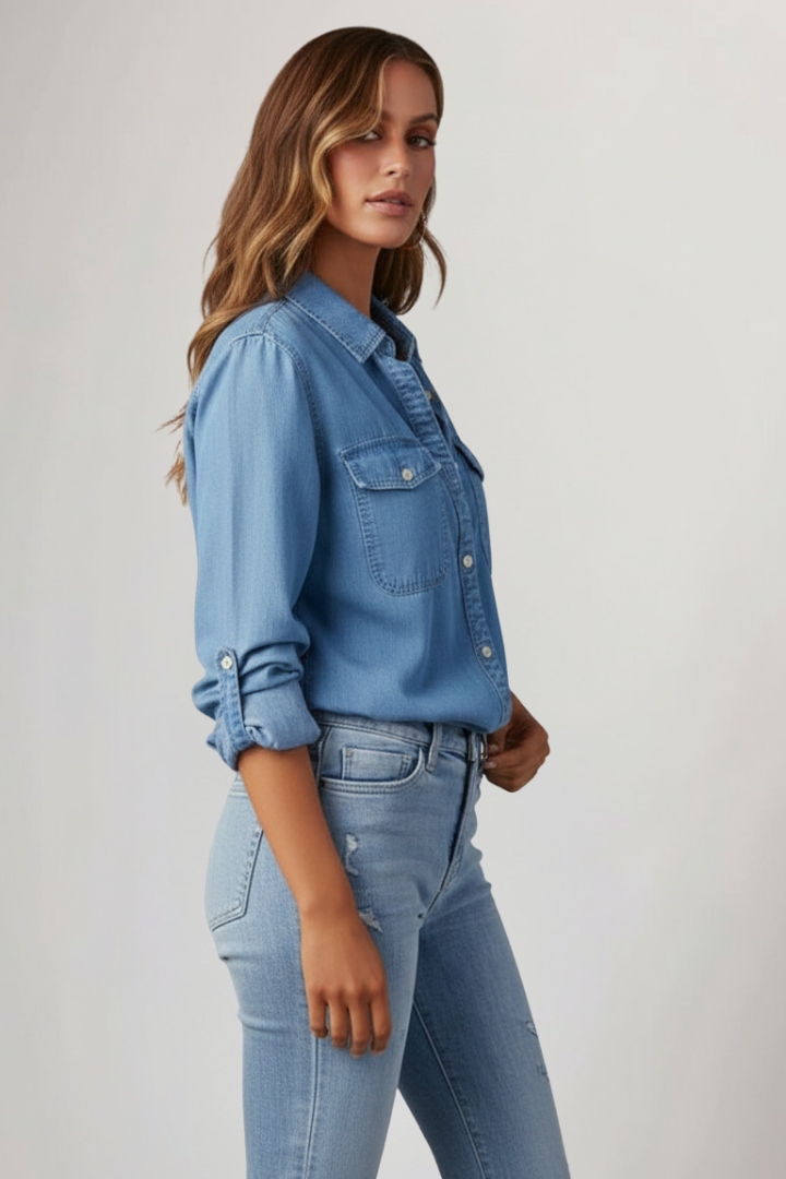 Maya | Dames Klassiek Denim Overhemd met Knopen en Lange Mouwen