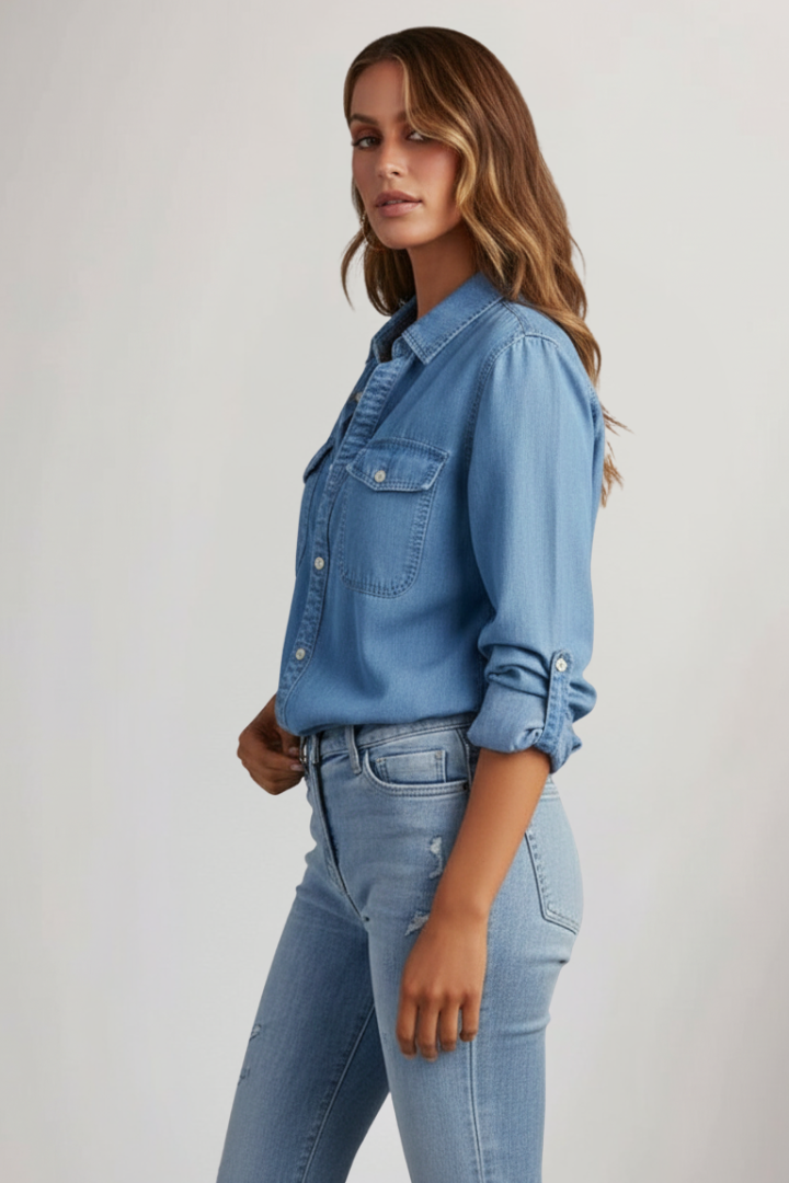Maya | Dames Klassiek Denim Overhemd met Knopen en Lange Mouwen