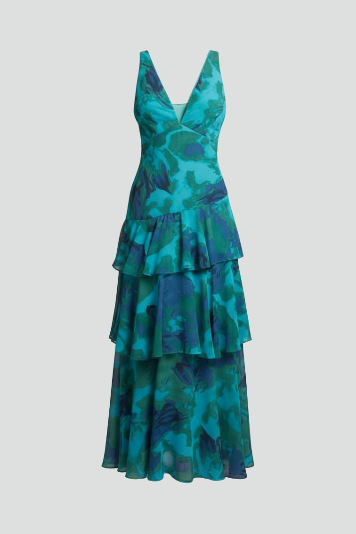 Adeline | Dames V-hals Gelaagd Bloemen Maxi Jurk