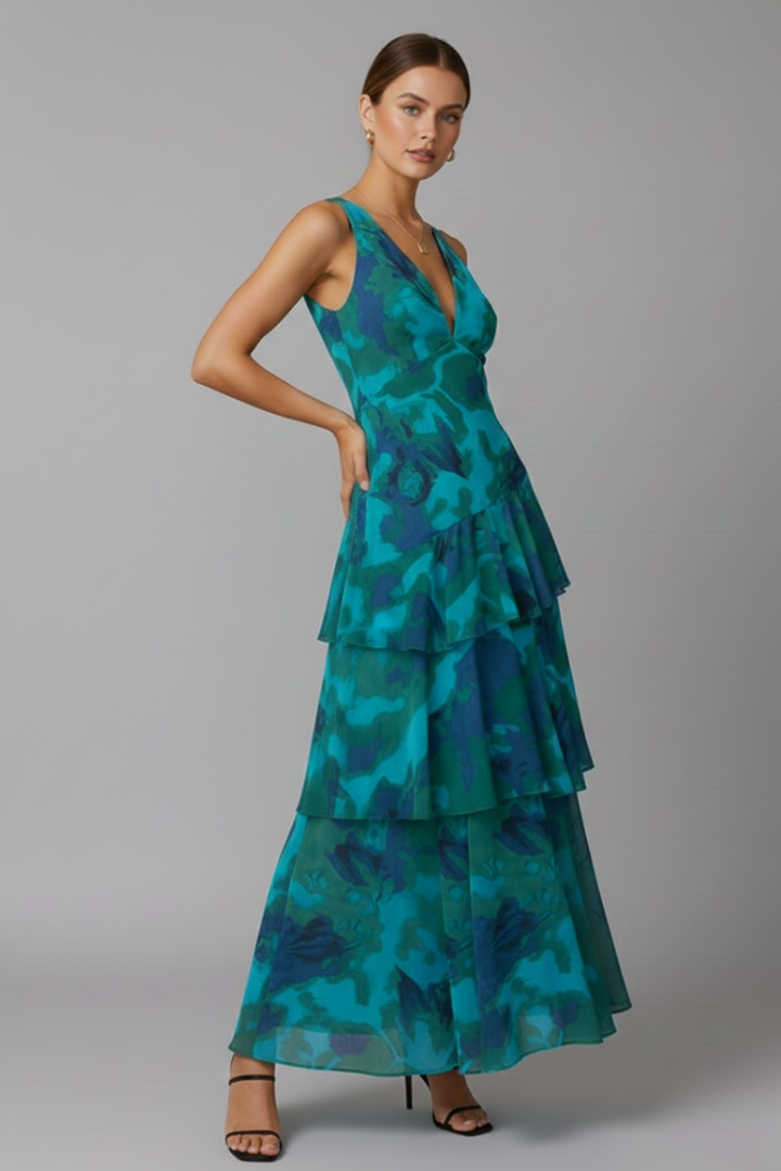 Adeline | Dames V-hals Gelaagd Bloemen Maxi Jurk