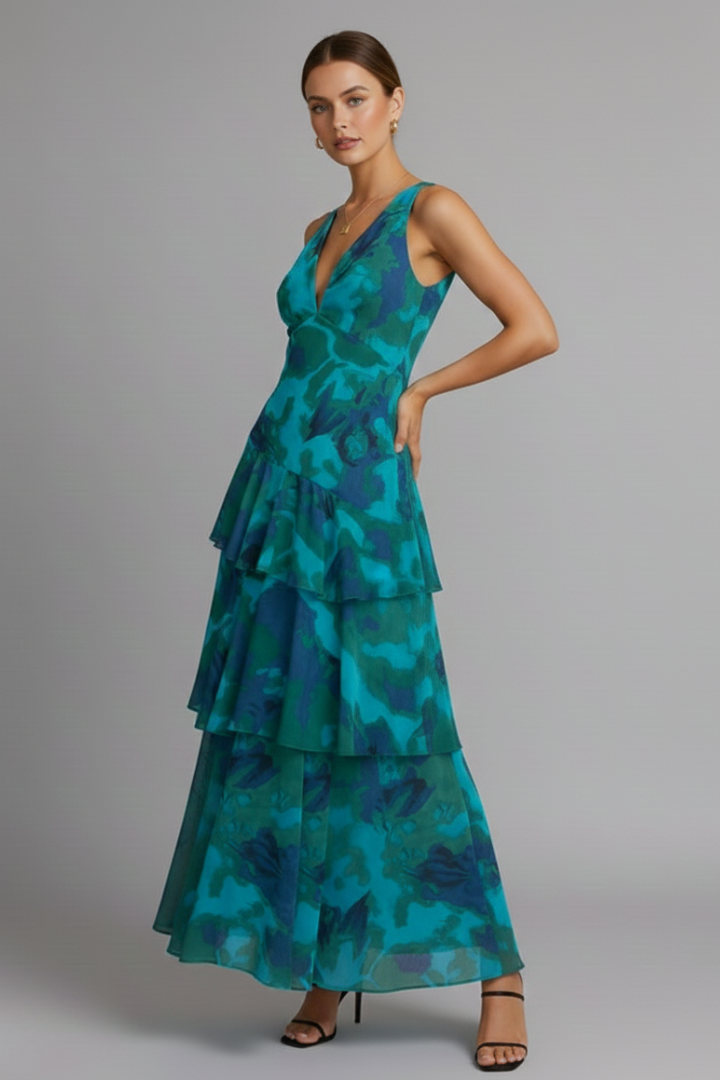 Adeline | Dames V-hals Gelaagd Bloemen Maxi Jurk