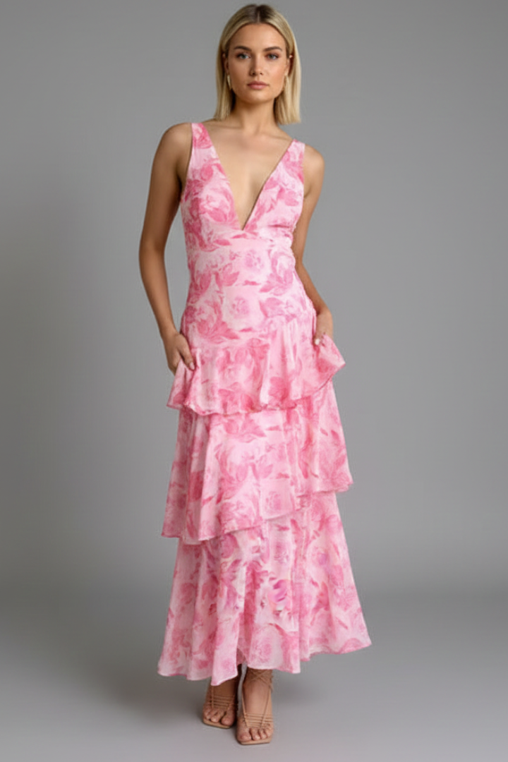 Adeline | Dames V-hals Gelaagd Bloemen Maxi Jurk